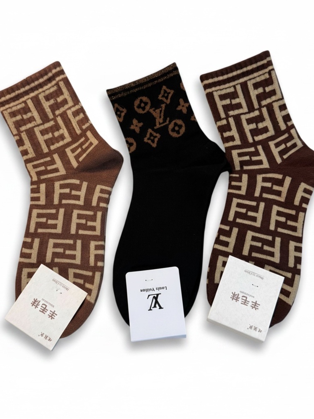 Designer 3 pairs unisex Brown & Black logo Patterned ankle Crew Socks new